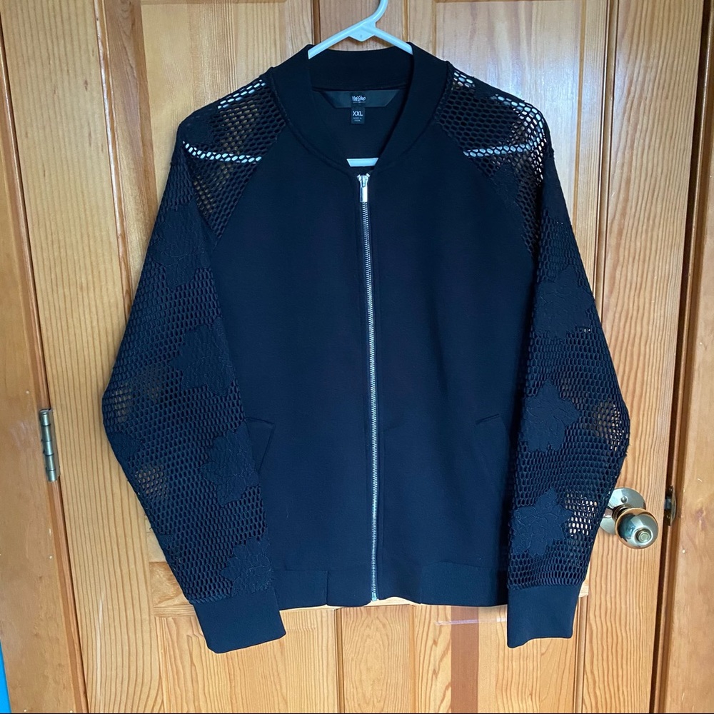 Black bomber jacket mesh sleeve floral embroidery